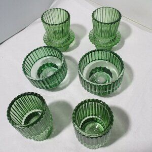 New NIB 6 Green Glass Ribbed Votive Candle Holders - 3 Different Designs